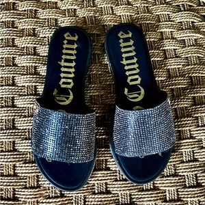 Juicy Couture Black, Silver Rhinestone Flat Slides, Size 6